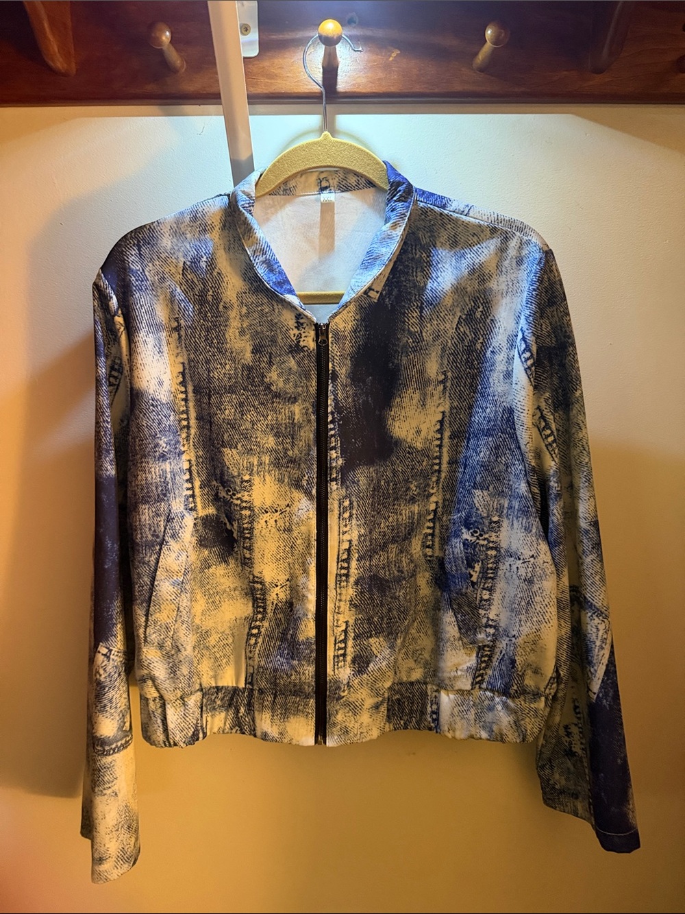 Blue & White Abstract Print Bomber Jacket